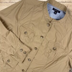 LANDS END Womens Button Front Utility Jacket Collared Pockets Size XL Khaki